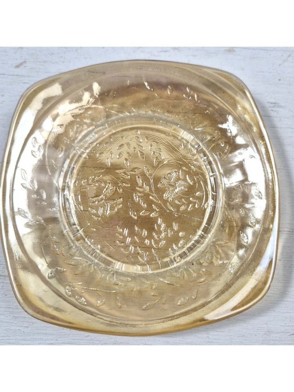 Vintage Amber Depression Glass Plate Floral Embossed Square Desert Irridescent